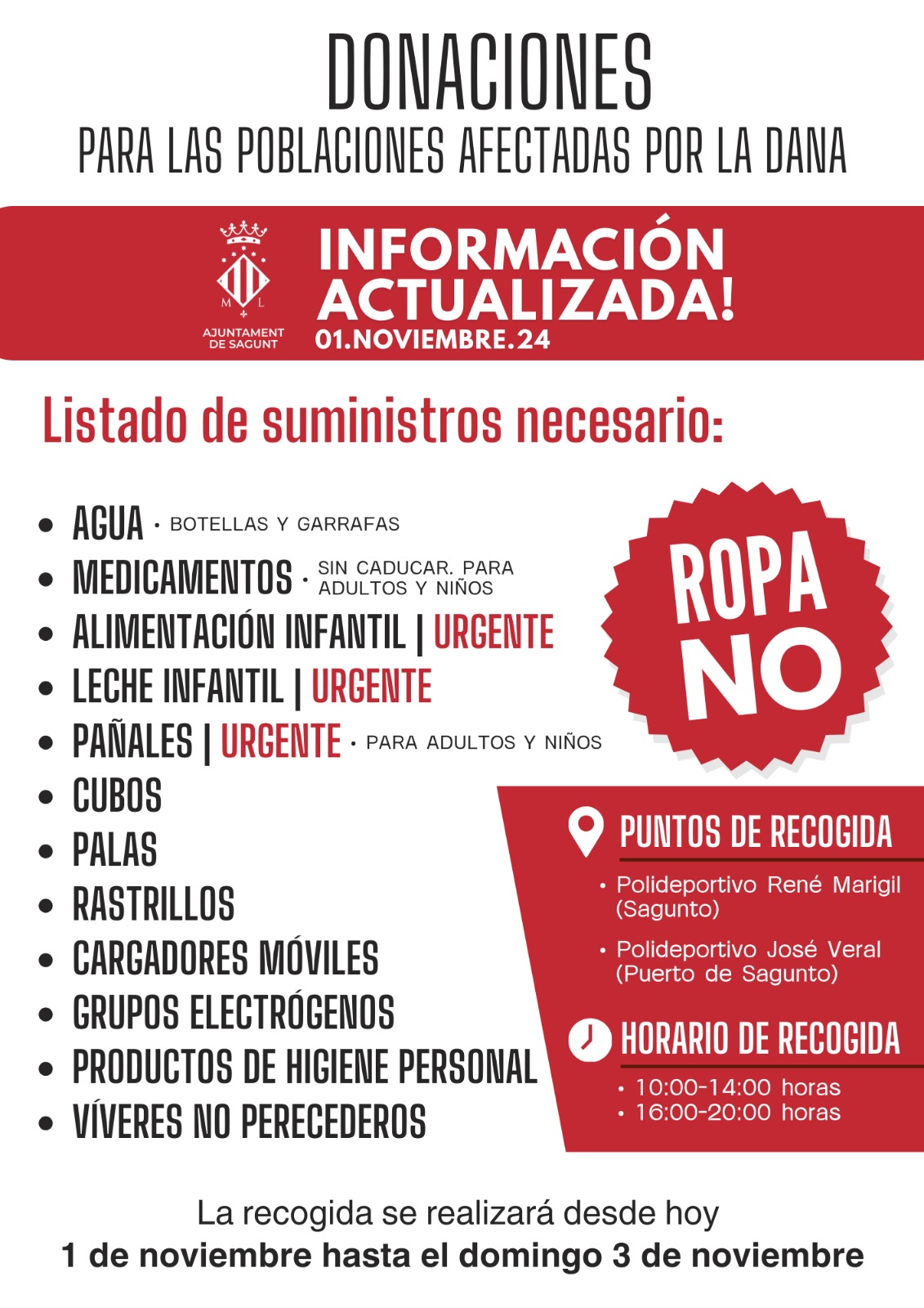 El Ayuntamiento de Sagunto pide a las asociaciones que se encuentren recogiendo material que lleven los donativos a los puntos de recogida oficial