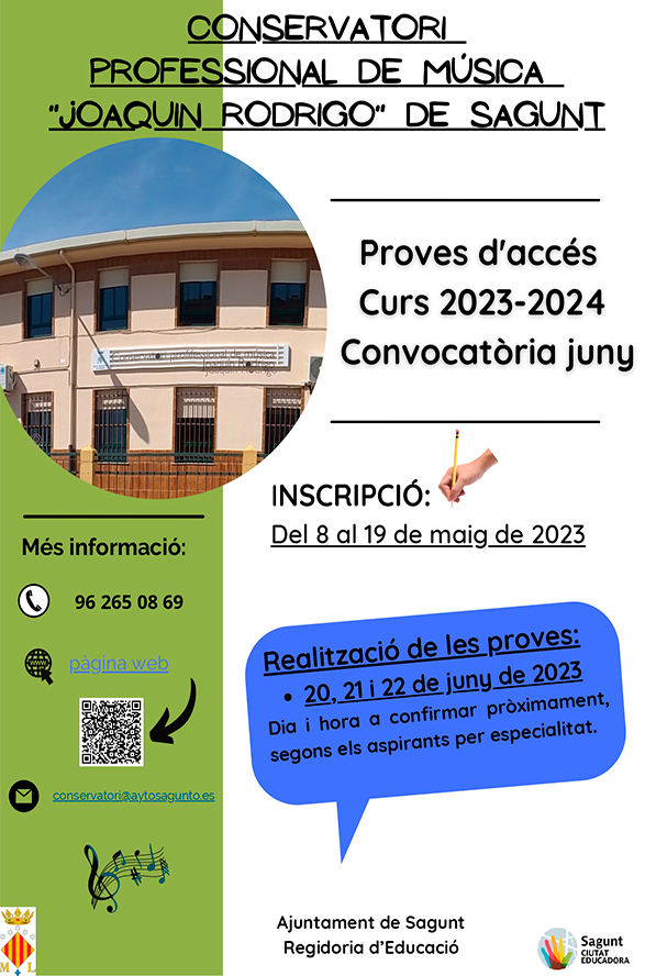 El Conservatorio Profesional de Música Joaquín Rodrigo de Sagunto abre el período de inscripción para las pruebas de acceso de cara al próximo curso