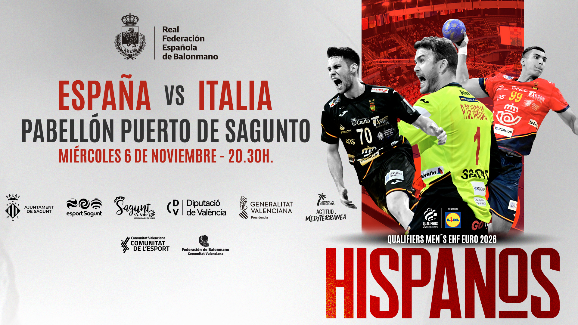 El partido clasificatorio de balonmano entre España e Italia para el Campeonato de Europa 2026 se disputa en Sagunto el 6 de noviembre